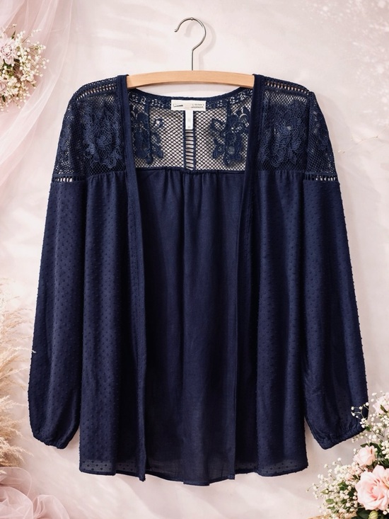 Maurices Tops - Open-Front Lace Yoke Tunic Cardigan -Navy